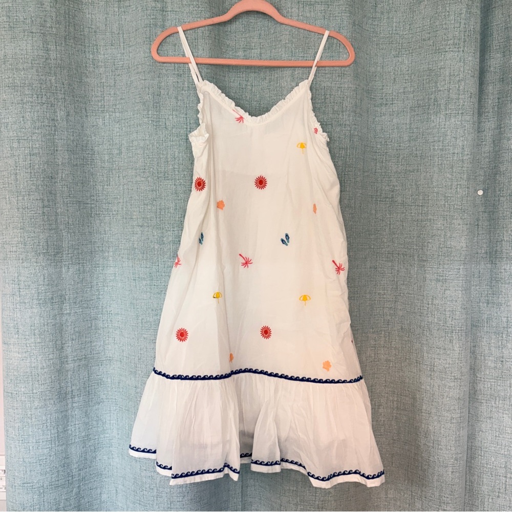 White Embroidered Sundress Cotton Ruffle Hem Beach Motif